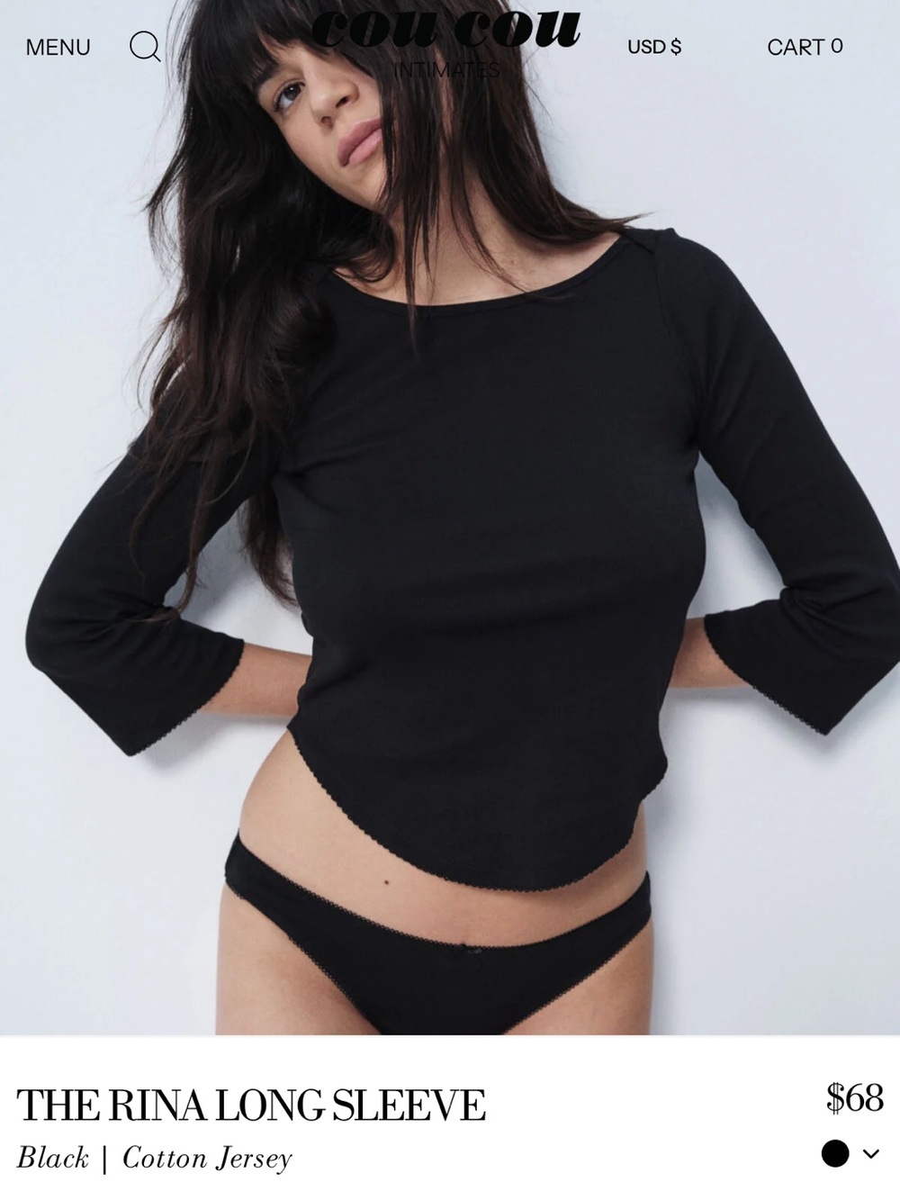 Cou Cou Intimates The Rina Long Sleeve Black Cotton Jersey Top